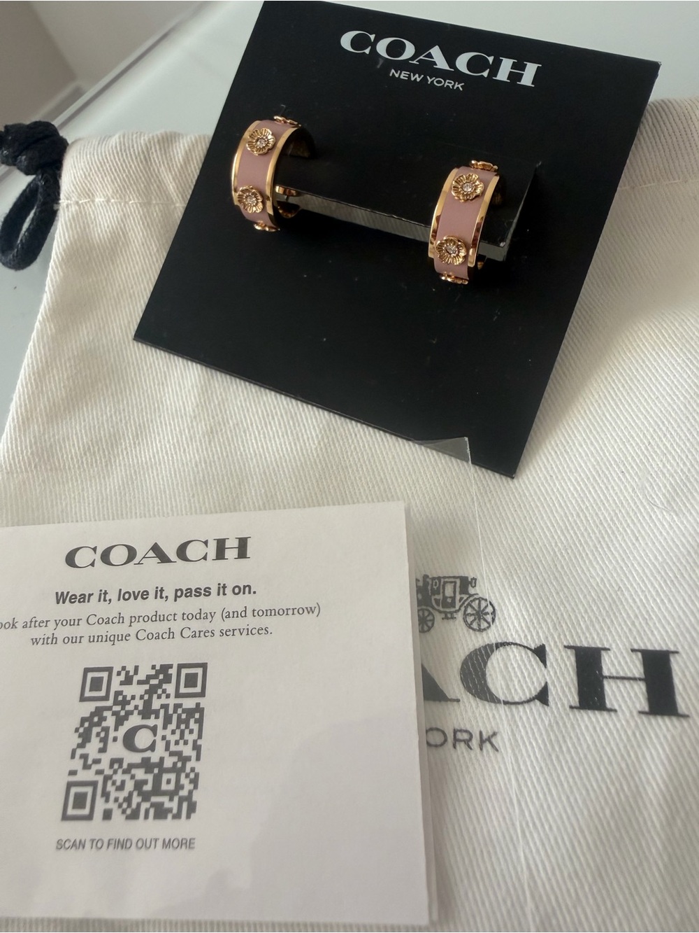 Coach Pink with Gold flowers Huggie Hoop Earrings